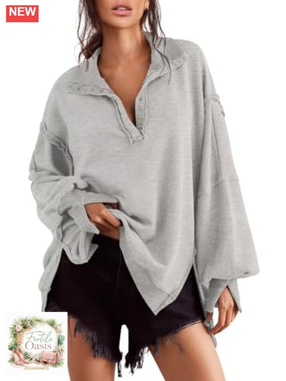 Oversized Button Down V-Neck Sweatshirt Tunic Long Sleeve